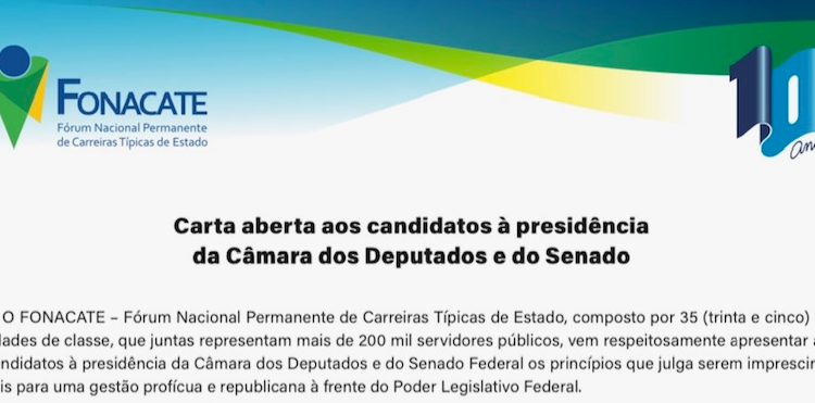 Fonacate divulga carta aos candidatos à presidência da Câmara dos Deputados e do Senado Federal